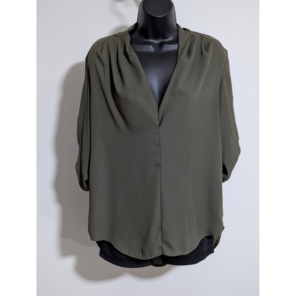 Mossimo Olive Green Blouse Roll Tab Sleeve V-Neck Top M